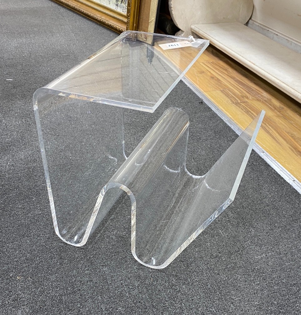 A 1970s contemporary Plexiglas side table/magazine rack, width 38cm, depth 39cm, height 39cm